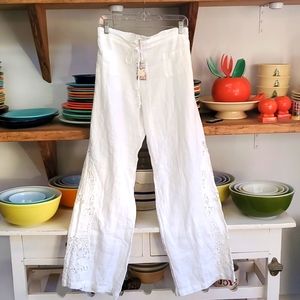 Johnny Was White Flare & Wide Leg Linen Trousers